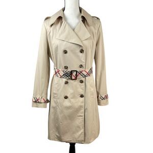 IMAN Women's Trench Coat Medium Beige Belted Double Breasted Plaid Trim